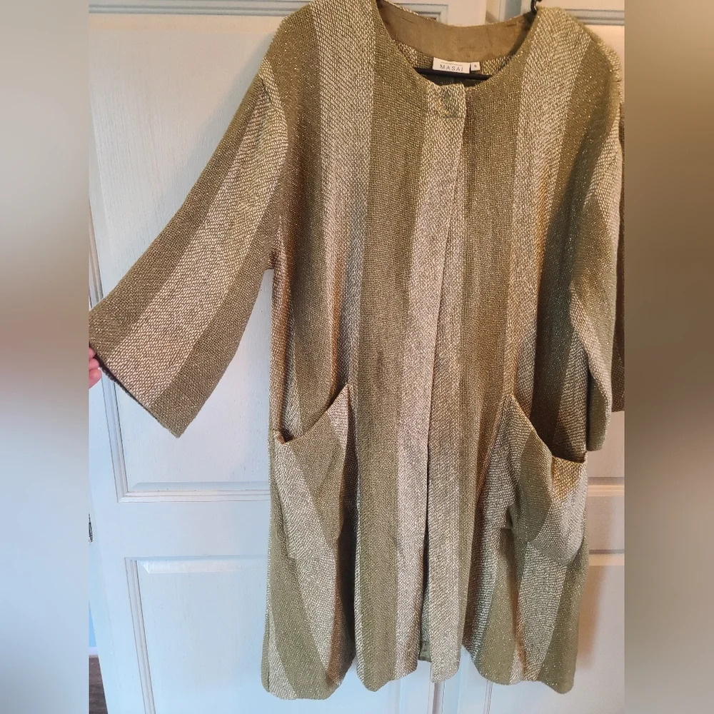 MASAI Janette Sage Green Boucle Jacket Stripe Pockets Long Cardigan - Picture 3 of 9